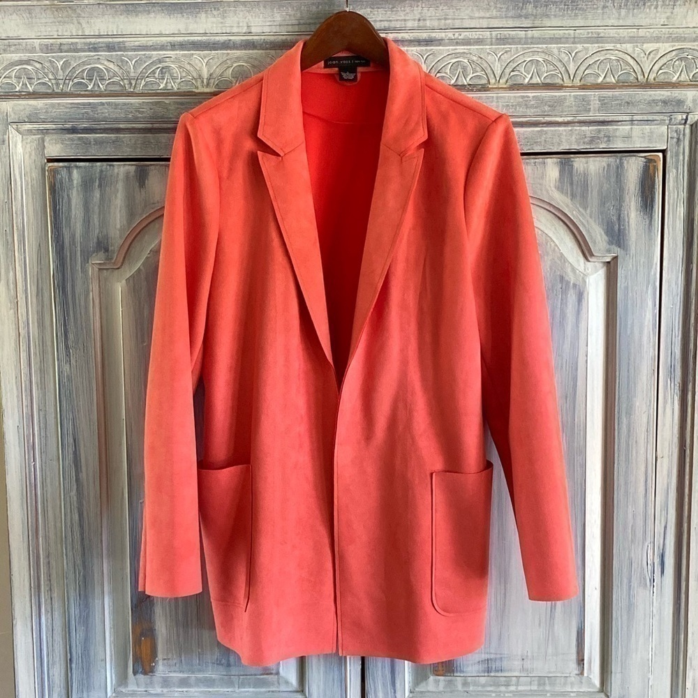 Joan VASS Shawl Collar Open Front Faux Leather Mid Jacket